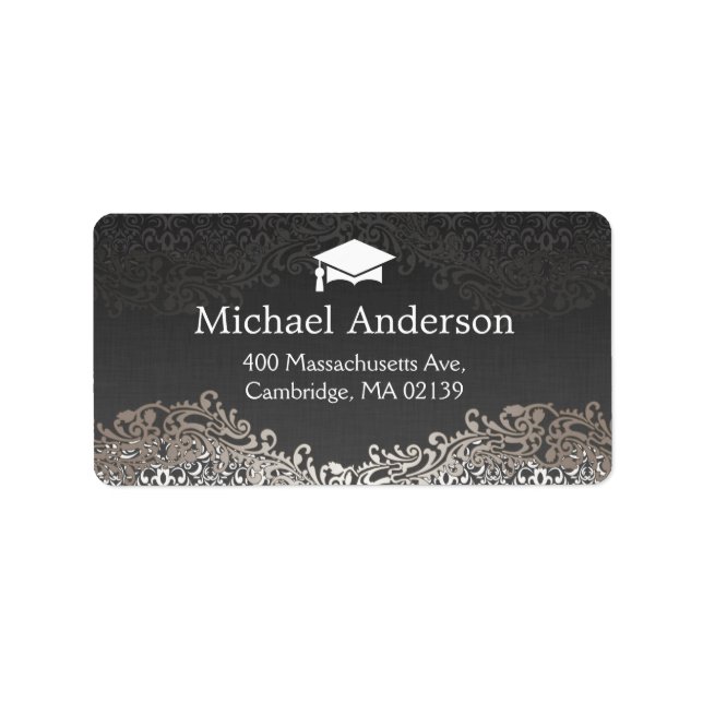 Vintage Elegant Silver Damask Grad Studenten Adressetikett (Framsidan)