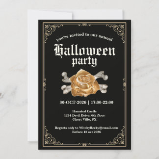 Vintage Elegant Svart Guldros Halloweenfest Inbjudningar