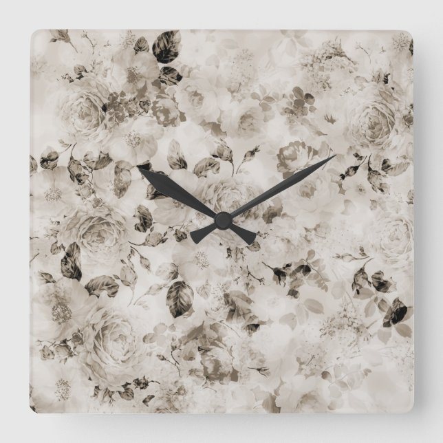 Vintage elegant vit grått elfenbensro blommigt fyrkantig klocka (Framsida)