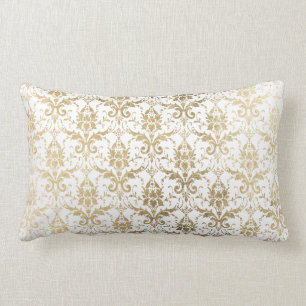 Vintage elegant vitt guld chic floral damask lumbarkudde