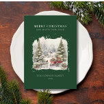 Vintage Elegant Watercolor Julgran Forest Julkort<br><div class="desc">För din varmaste jul-önskemål till vänner och familj. vinterscen med vattentorfärg vintage med rött rån. Behålla designtexten för God jul och Gott nytt år i befintligt skick eller redigering. Inkludera ditt eget namn/familj namn på framsidan och ditt eget hälsning på baksidan. Kortet är i en lyxig djup grönt.</div>