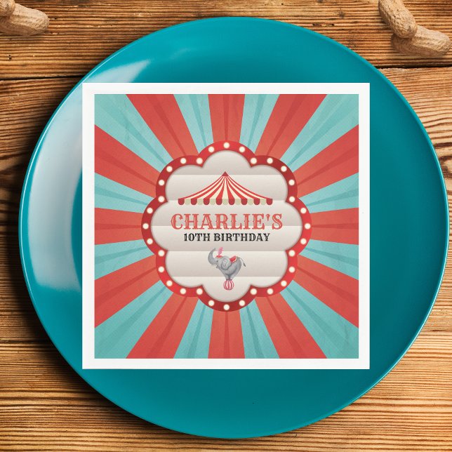 Vintage Elephant i Circus Red & Blue Mönster Pappersservett (Personalized Birthday Napkins - Circus Theme)