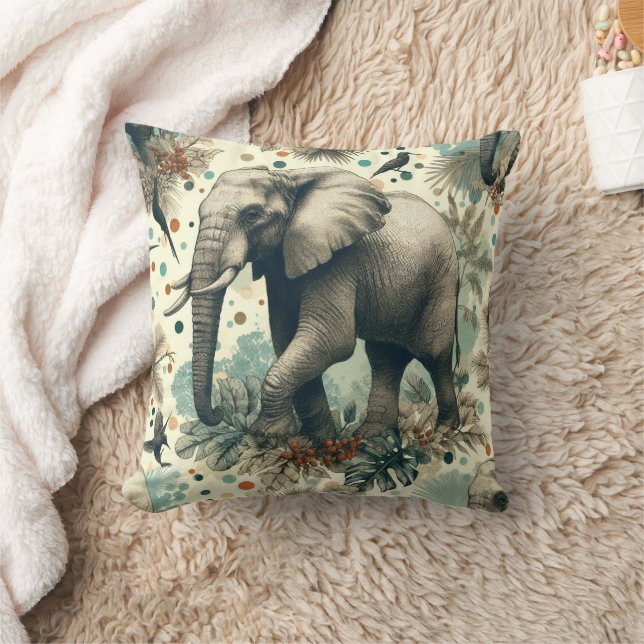 Vintage Elephant Jungle Painting Kudde (Filt)
