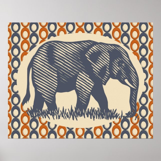 Vintage Elephant Orange Grått Poster (Framsidan)