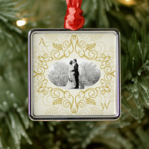 Vintage Elfenben Deco Ram Festive Foliage Photo Julgransprydnad Metall
