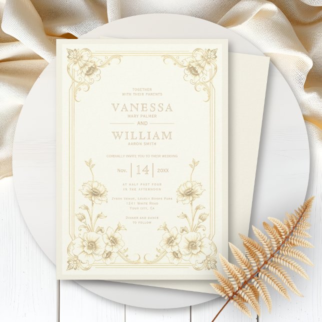 Vintage elfenben och sepia blomster ram bröllop inbjudningar (Skapare uppladdad)
