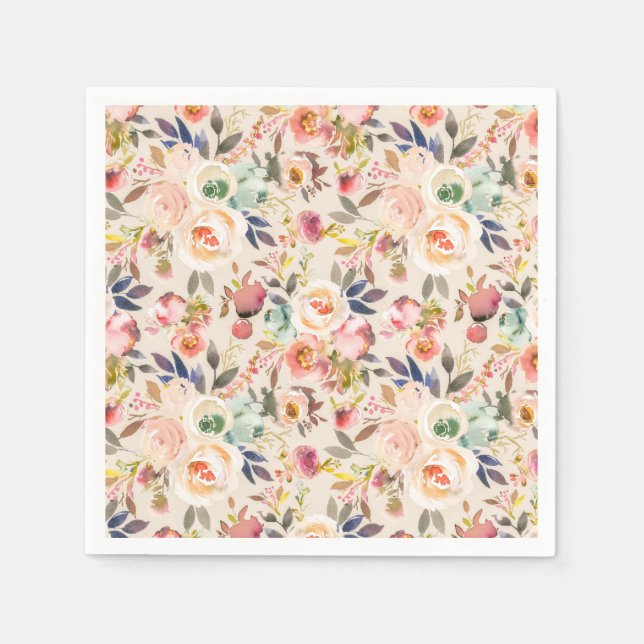 Vintage Elfenbensbrun rosa, rustik blommigt Pappersservett (Framsidan)