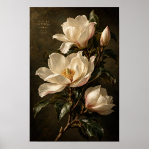 Vintage Elfenbensfärgad Magnolia Mörk Blommig Vägg Poster