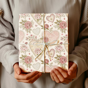 Vintage Elfenbensros Broderat Hjärtmönster Presentpapper