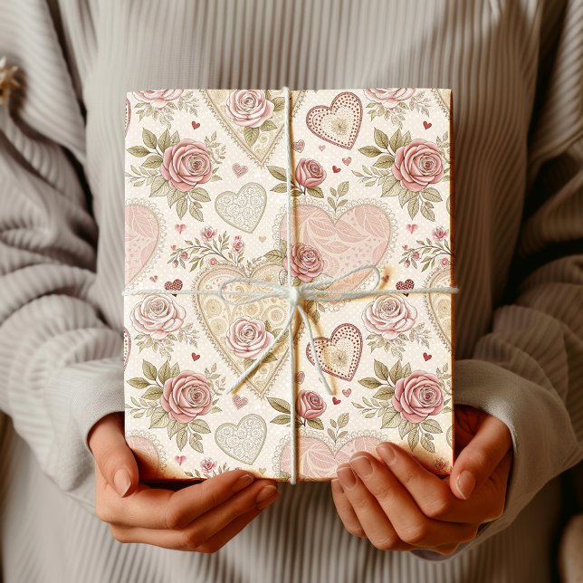 Vintage Elfenbensros Broderat Hjärtmönster Presentpapper (Skapare uppladdad)