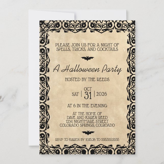 Vintage Elfenbensvit Halloween-fest Invitation Inbjudningar (Framsida)