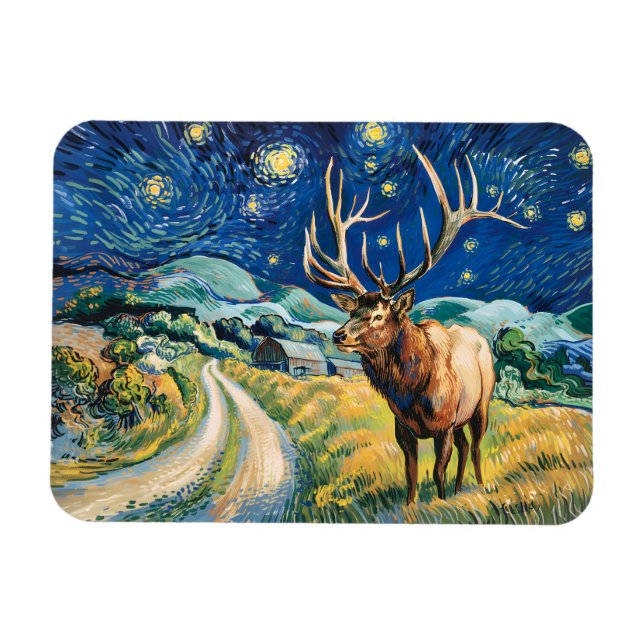 Vintage Elk Starry Night Van Gogh Countryside Magnet (Horisontell)