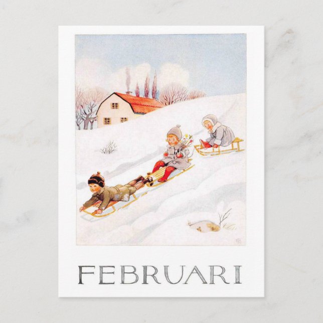 Vintage Elsa Beskow februari vykort (Framsida)