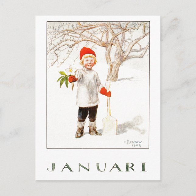 Vintage Elsa Beskow januari Vykort (Framsida)