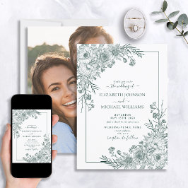 Vintage Emerald Blommigt Line Art Photo Bröllop Inbjudningar