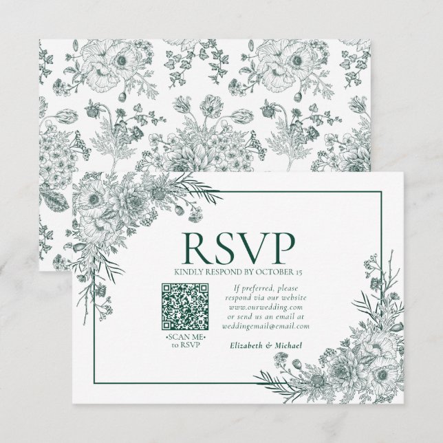 Vintage Emerald Blommigt Line Art QR Code OSA Kort (Fram/baksida)