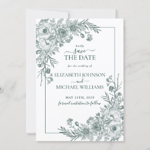 Vintage Emerald Blommigt LineArt-foto Spara datum Inbjudningar