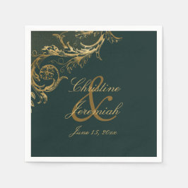 Vintage Emerald Grönt Blommigt Guld Damask Wedding Pappersservett