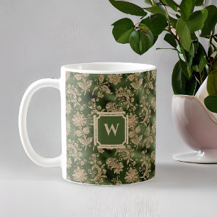 Vintage Emerald Grönt Guld Damask med Monogram Kaffemugg