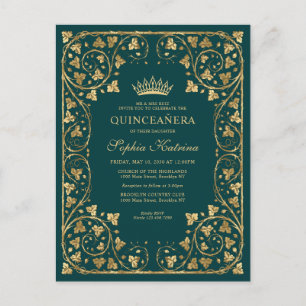 Vintage Emerald Grönt Guld Ram Tiara Quinceanera Inbjudan Vykort