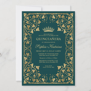 Vintage Emerald Grönt Guld Ram Tiara Quinceanera Inbjudningar