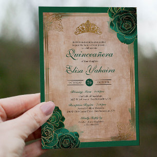 Vintage Emerald Grönt Guld Ro Royal Quinceanera Inbjudningar