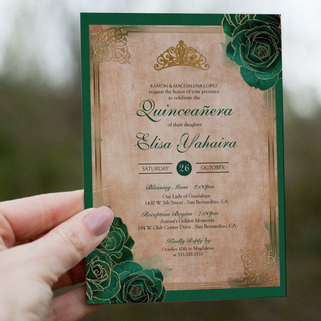Vintage Emerald Grönt Guld Ro Royal Quinceanera Inbjudningar (Skapare uppladdad)