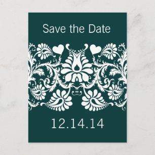 Vintage Emerald Grönt Heart Damask Meddelande Vykort