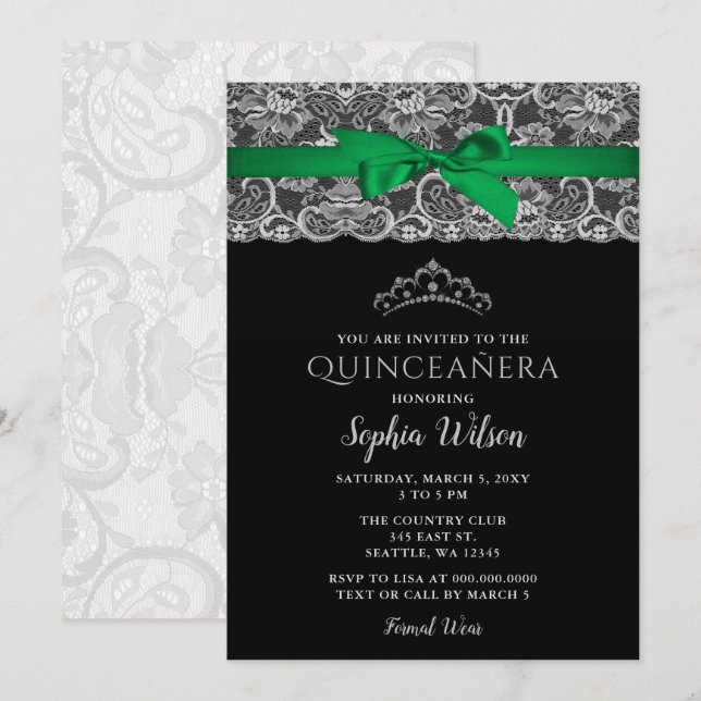 Vintage Emerald Grönt Ribbon Snöre Quinceañera Inbjudningar (Fram/baksida)