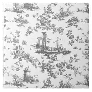 Vintage Engelsk Blommigt Toile de Jouy-Grått Kakelplatta