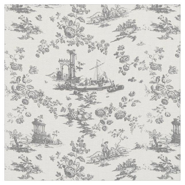 Vintage Engelsk Blommigt Toile de Jouy-Grått Tyg (Närbild)