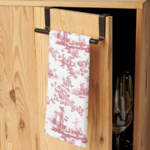 Vintage Engelsk Blommigt Toile de Jouy-Rosa Kökshandduk