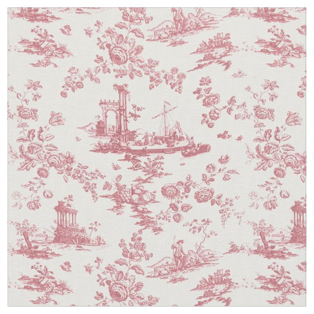 Vintage Engelsk Blommigt Toile de Jouy-Rosa Tyg (Närbild)