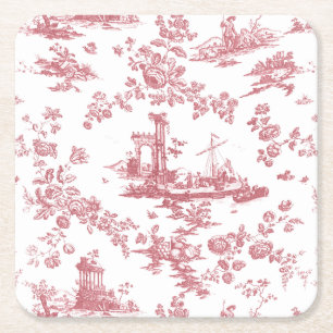 Vintage Engelsk Blommigt Toile de Jouy-Rosa Underlägg Papper Kvadrat