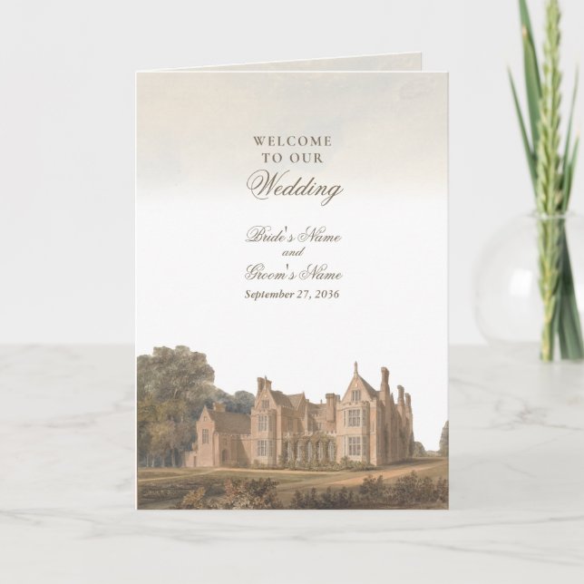 Vintage engelsk herrgård château villa bröllop program (Framsida)