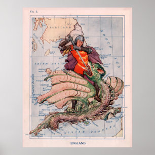 Vintage England Karta & St George Svära Dragon Poster