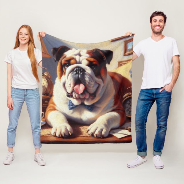 Vintage English Bulldog Illustration Fleecefilt (På plats)