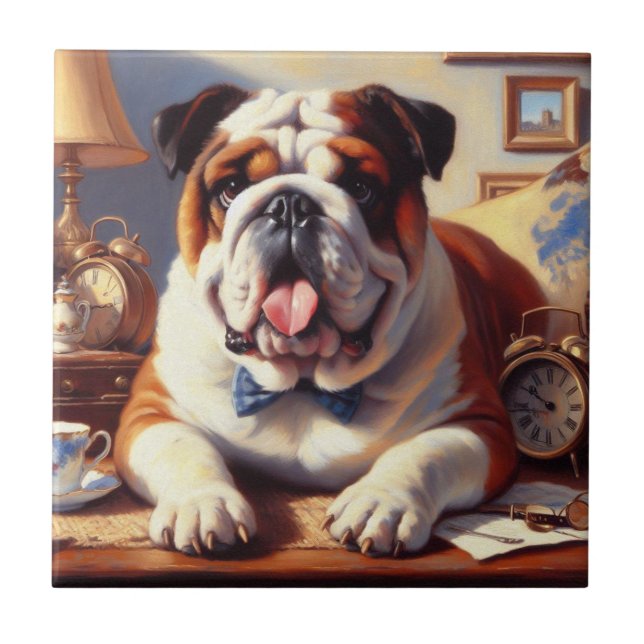Vintage English Bulldog Illustration Kakelplatta (Framsidan)
