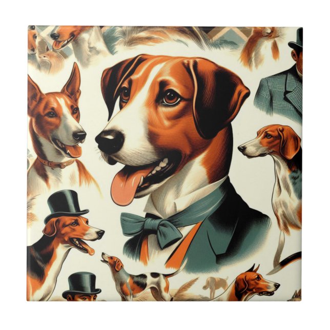 Vintage English Foxhound Illustration Kakelplatta (Framsidan)