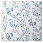 Vintage Engraved Fransk Blommigt Fantasy Toile-Blu Kakelplatta<br><div class="desc">Elegantens vintage 1800-talets blå-på-vita leksaksliknande mönster anpassat från Fransk teckning i Smithsonsamlingen med fantasinblommor,  löv och viner med ett cupid,  en inhemsk krigare och mänskligt figurer.</div>