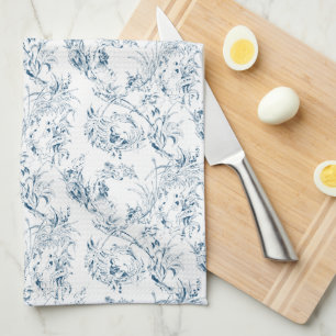 Vintage Engraved Fransk Blommigt Fantasy Toile-Blu Kökshandduk