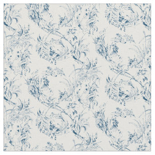 Vintage Engraved Fransk Blommigt Fantasy Toile-Blu Tyg