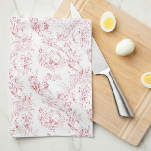 Vintage Engraved Fransk Blommigt Fantasy Toile-Ros Kökshandduk