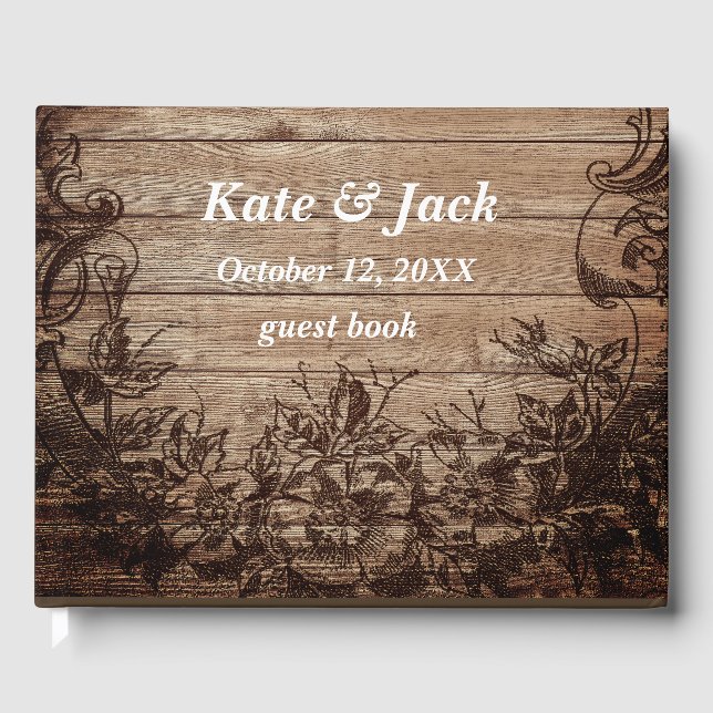 Vintage Engraved Wood Bröllop Gästböcker (Framsida)