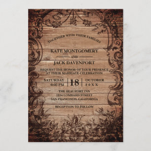 Vintage Engraved Wood Rustic Bröllop Inbjudningar