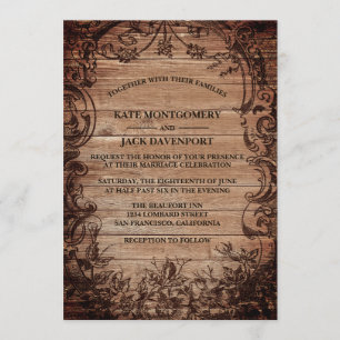 Vintage Engraved Wood Rustic Bröllop Inbjudningar
