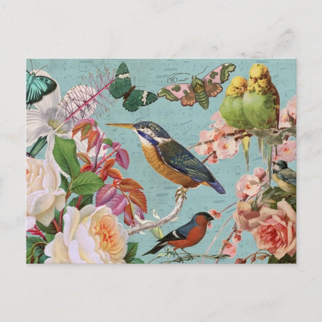 Vintage Ephemera Ro Butterflies & Birds Collage Vykort (Framsida)
