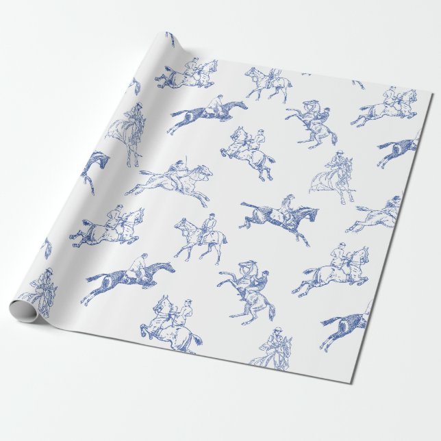 Vintage Equestrian Blå Vit Toile Presentpapper (Utrullad)
