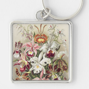Vintage Ernst Haeckel Orkidé Botaniskt Tryck Fyrkantig Silverfärgad Nyckelring