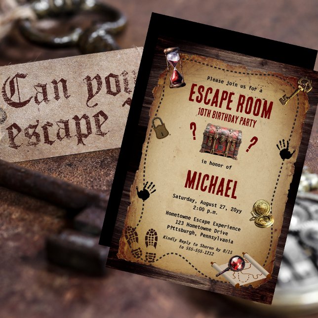 Vintage Escape Room My Födelsedagsfest Inbjudningar (Vintage Style Escape Room Mystery Birthday Party Invitation -- Kids or Adults)